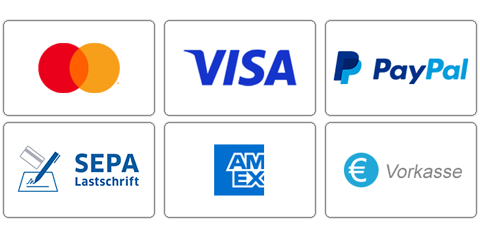 Unsere Zahlungsmöglichkeiten - PayPal, Visa, Mastercard, Überweisung, SEPA-Lastschrift